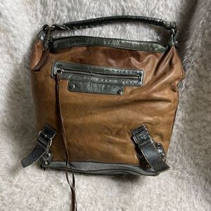 Tano New York Brown distress leather &metallic silver trim and strap boho bag.
